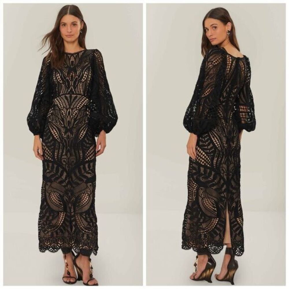 Farm Rio Womens Nature Guipure Lace Balloon Sleeve Midi Dress Black Size XS